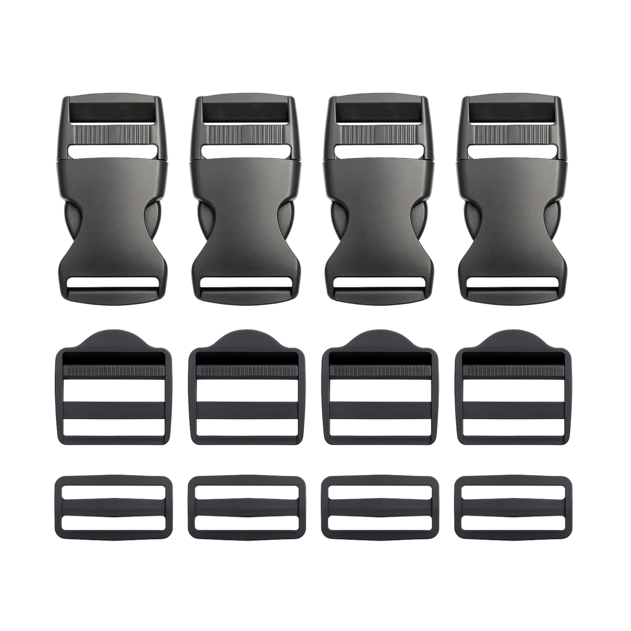 Your Day Mate Buckle, bar and ladder buckle set, 12 pack, for 25 mm wide webbing straps, 4 x 25 mm clasp each, in black, belt strap with double-sided click fastener, backpack rope clamp clip