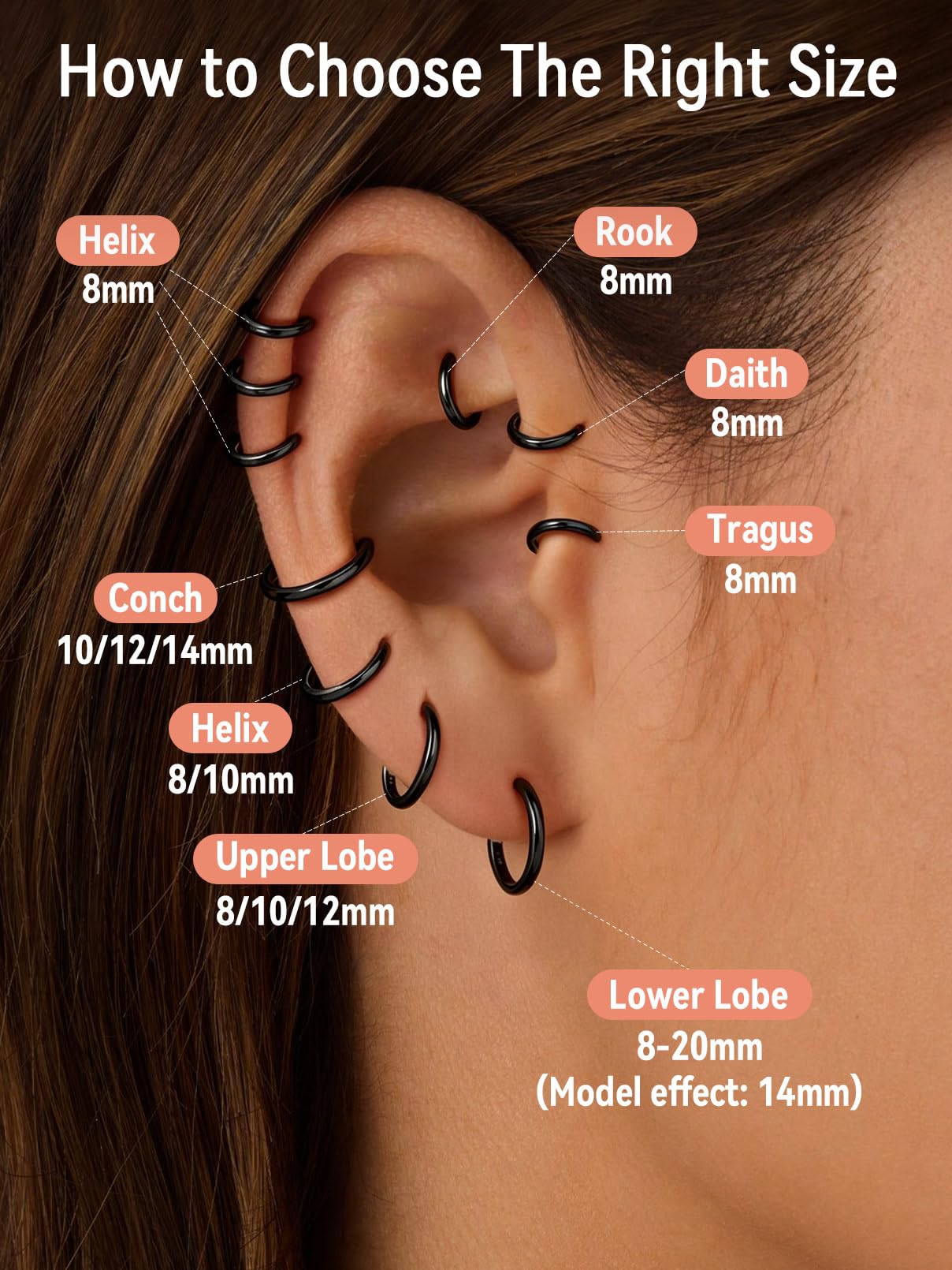 FaithHeart Czarne kolczyki do uszu dla mężczyzn Punk Helix Piercing duże kolczyki 20 mm Huggie kreole srebro 925 damskie kolczyki składane kreolki piercing do uszu biżuteria do uszu biżuteria do uszu