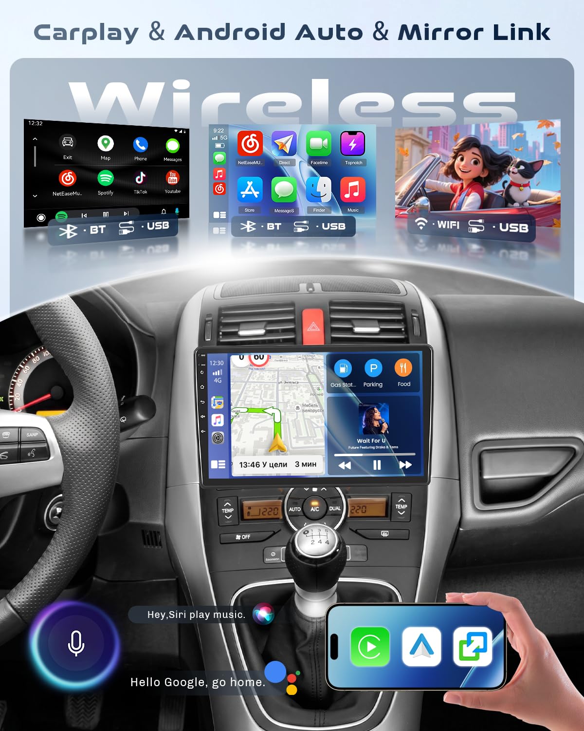 Roinvou Radio samochodowe do Hyundai i10 2007-2013 bezprzewodowy odtwarzacz CarPlay Android Auto MirrorLink, 9-calowy ekran dotykowy radia z Bluetooth EQ FM UI SWC Kamera cofania
