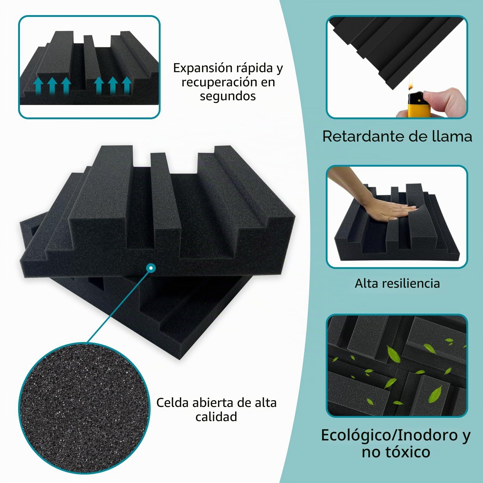 BXI Paneles de espuma acústica gruesa de 12 x 12 x 3 pulgadas en patrón de difusión, 12 difusores de espuma de absorción de sonido de alta densidad, azulejos acolchados de pared 3D insonorizados para