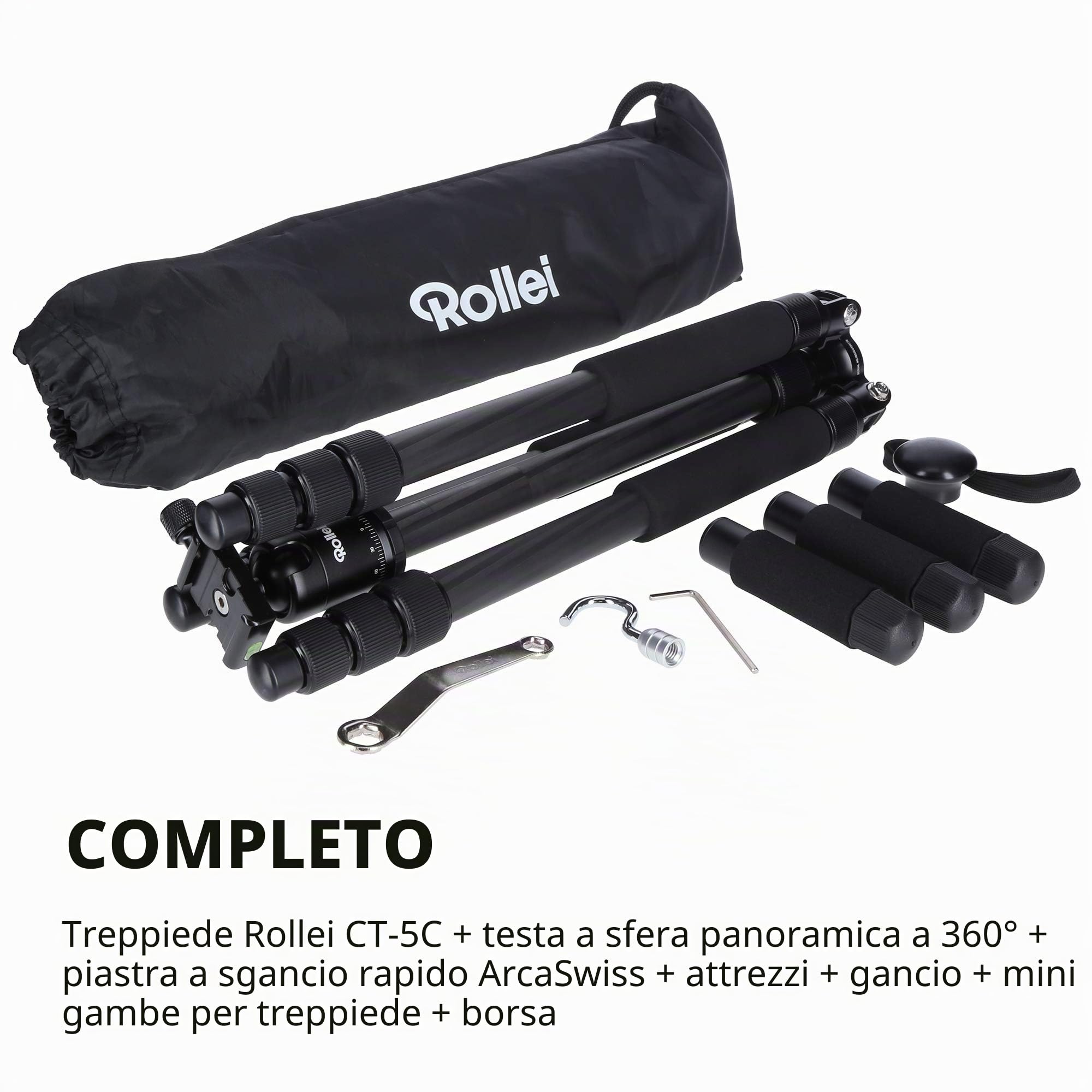 Rollei CT-5C, Treppiede Compatto inclusa Testa a Sfera, Funzione Monopiede, Carico max.: 8 kg, Carbonio, ARCA SWISS Compatibile, Nero