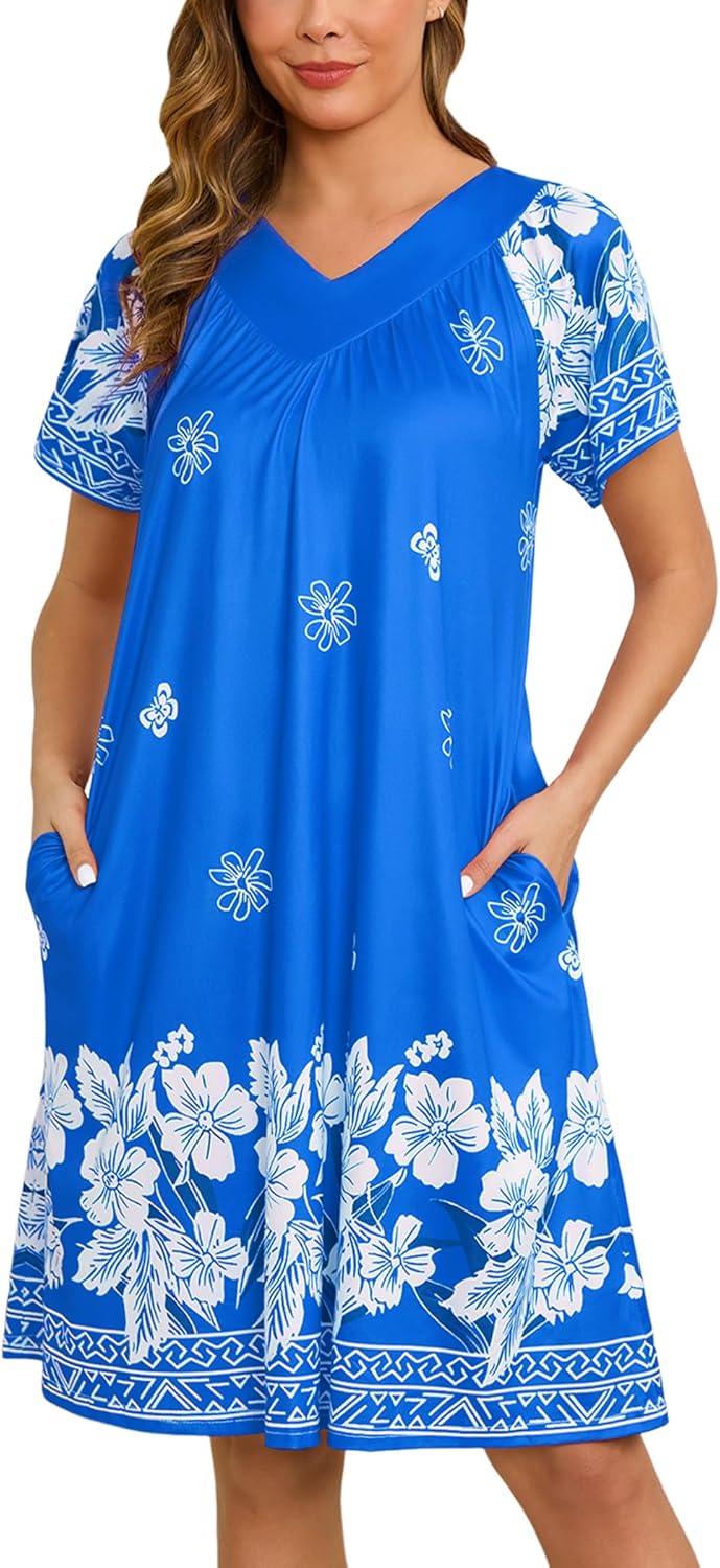 Marvmys Womens House Dress Short Sleeve Nightgown Floral Print Mumu Dress with Pockets V Neck Sleepwear S-3XL