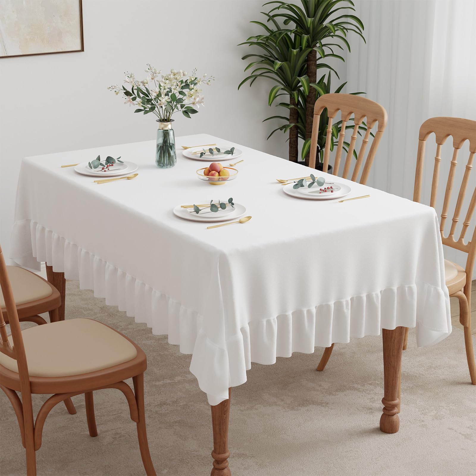 Roerf Ruffle Tablecloth 150x300cm, Rectangle Table cloth Polyester Tablecloths Washable Table Cover with Flounces Trim for Wedding Banguet Party Home Dining Table Decorations,White 59x118inch