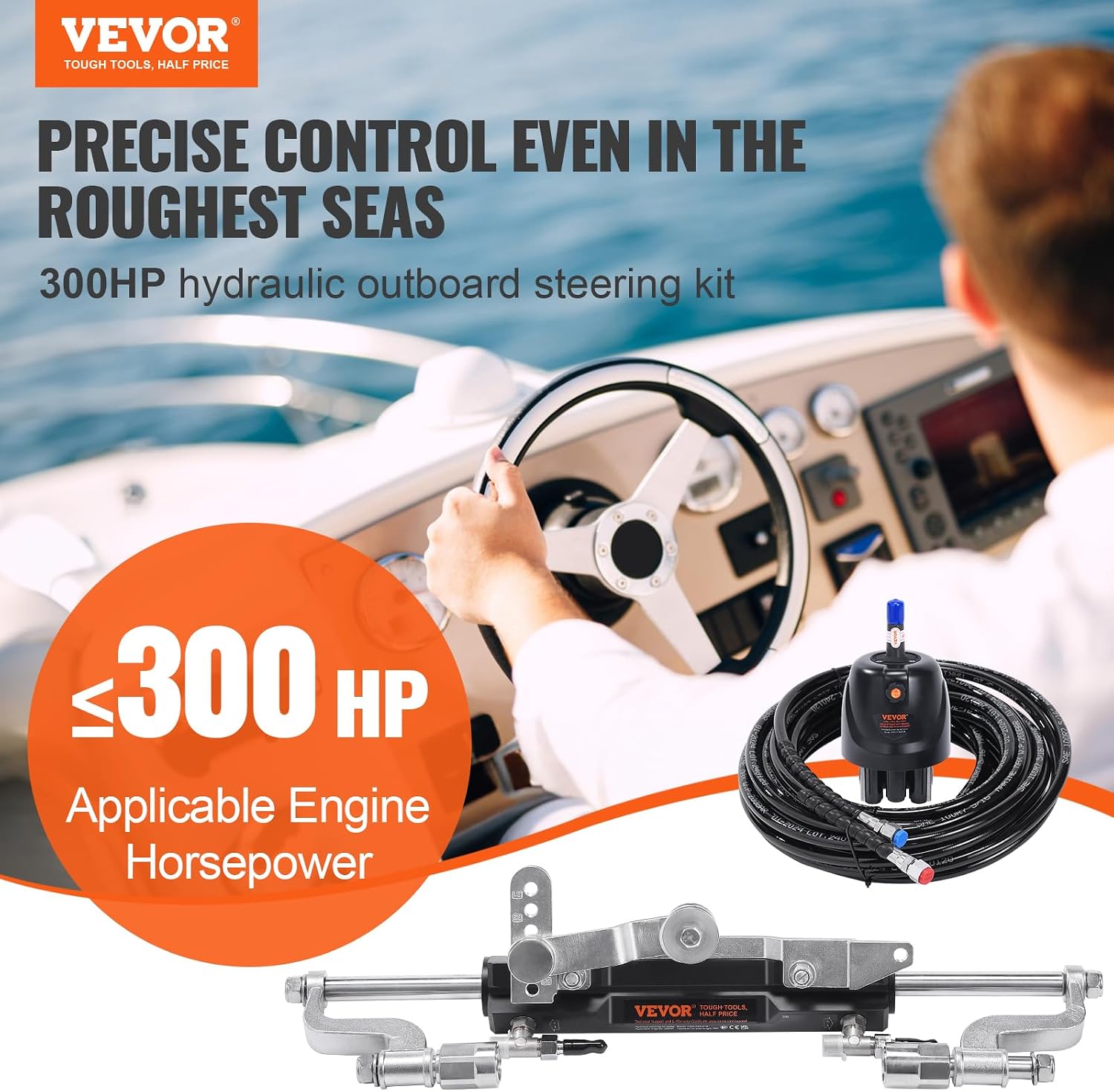 VEVOR Hydraulic Outboard Steering Kit, 300HP, Marine Boat Hydraulic Steering System, with Helm Pump Two-Way Lock Cylinder and 26 Feet Hydraulic Steering Hose, for Single Station Single-Engine Boats