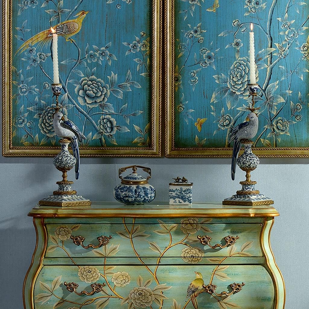Nordic Ceramics Candlestick Holders With Copper Ornaments - Blue and White Ceramic Parrot Design, Classical Home Living Room Crafts Decor for Porch (B)