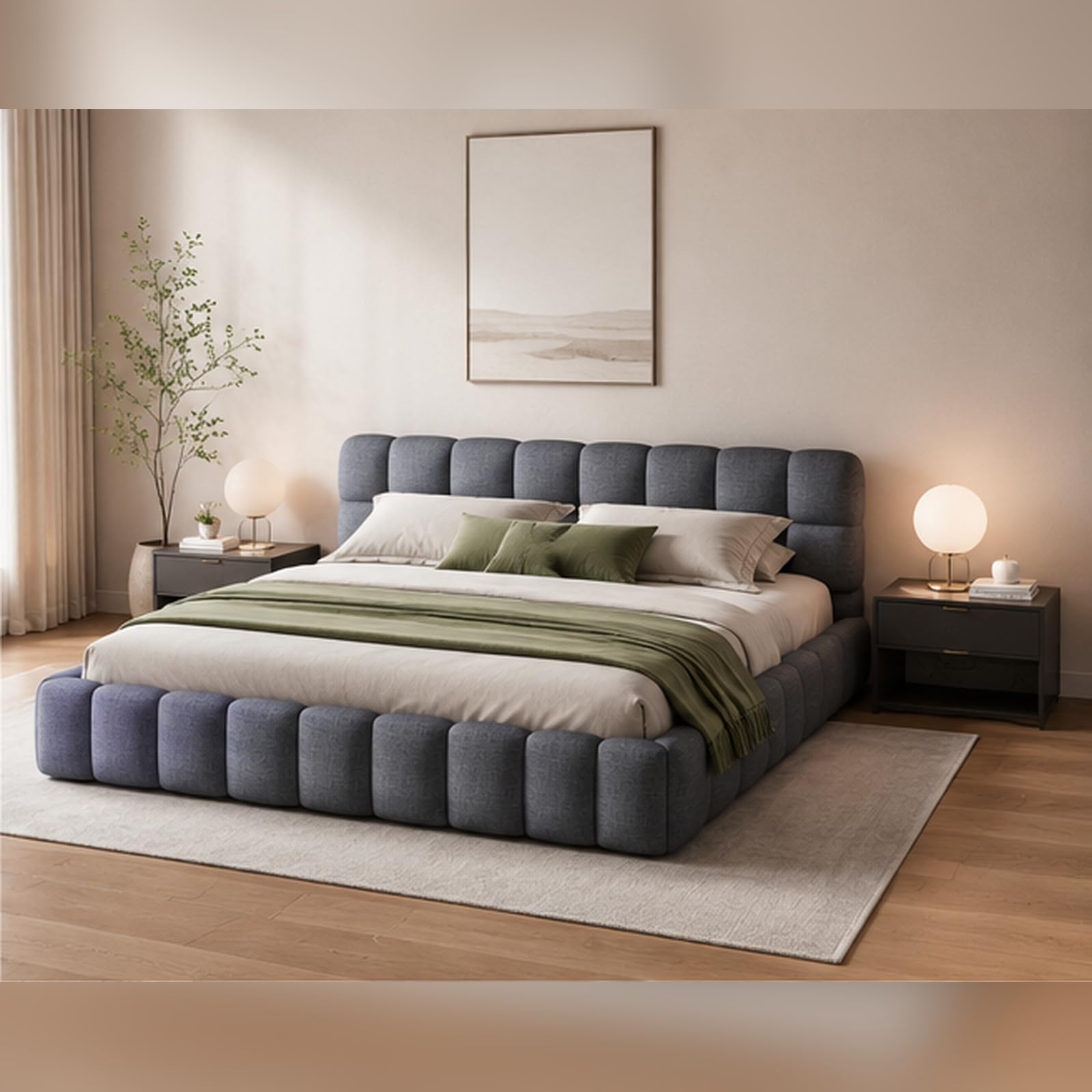 Lit Bulle 140x190 avec sommier à Lattes et tête de lit rembourrée, Cadre de lit Bas, Lit Double capitonné,Lin, sans Matelas (Gris, 140 x 190 cm)