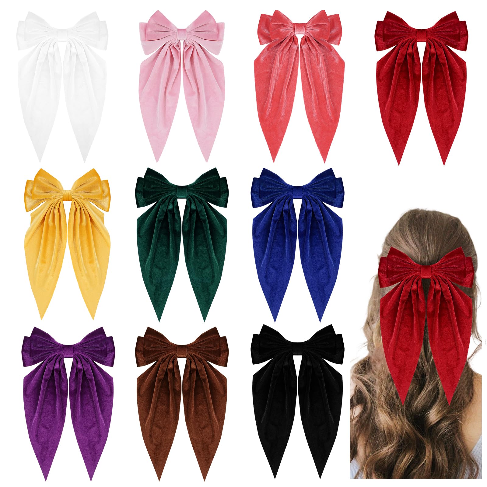 10 grandi fiocchi per capelli per donne e ragazze, in velluto, per ragazze, fiocchi per capelli con coda lunga, accessori per capelli francesi vintage per donne