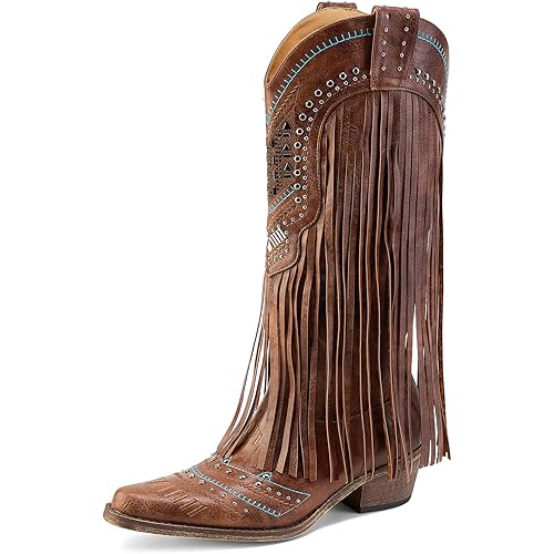 Fringe Cowboy Boots for Women Wide Calf Embroidered Tassal Cowgirl Boot Knee High Snip Toe Pull On Western Shoes