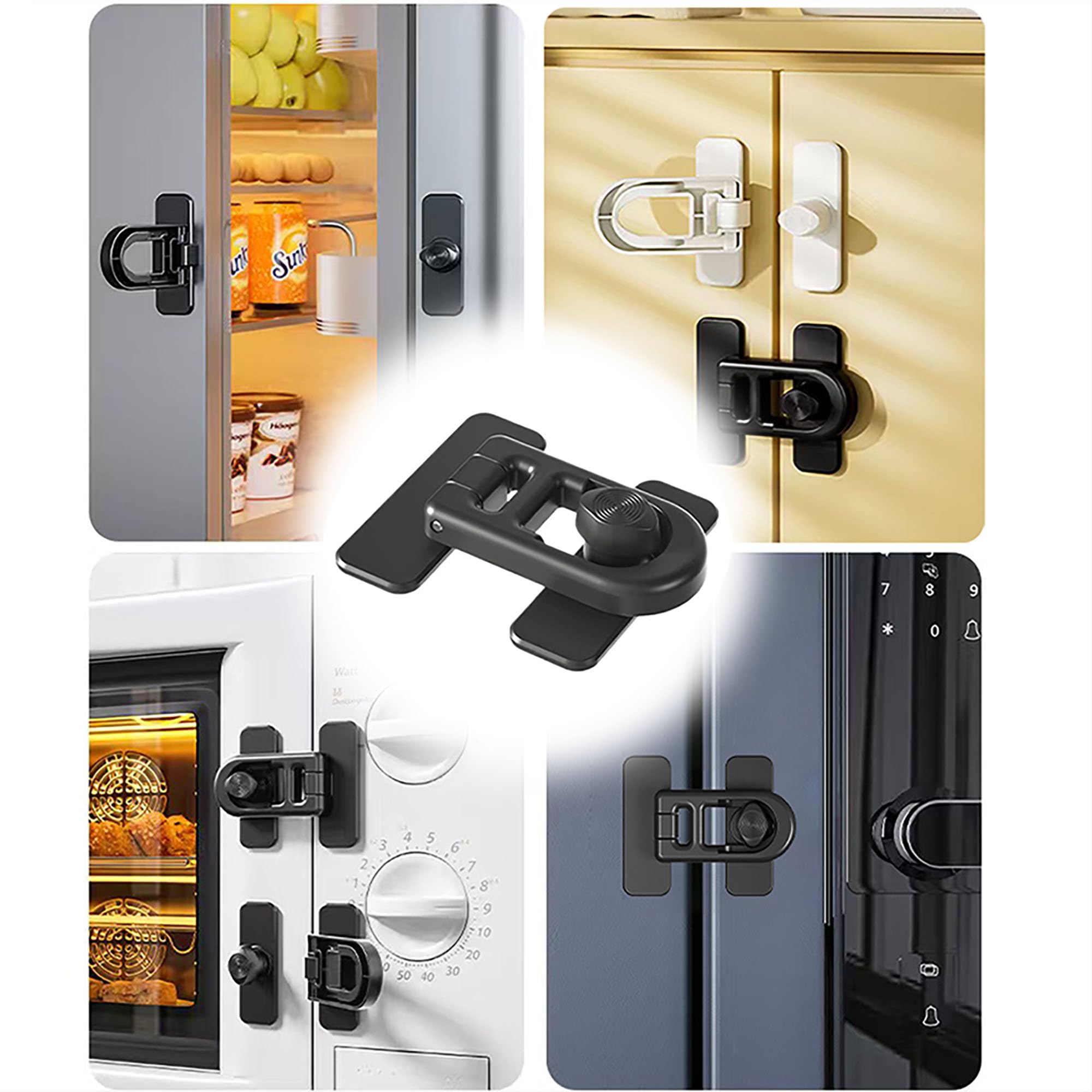 4 Pack Serrure de porte de réfrigérateur de sécurité enfant，pour réfrigérateurs, congélateurs et armoires,utilisant un adhésif 3M-Aucun Outil ou Perceuse Nécessaire(Noir)
