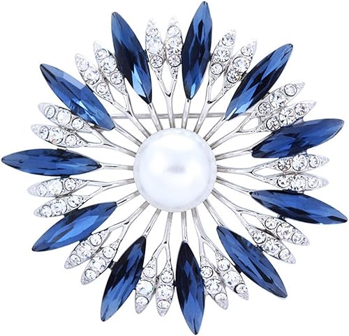 SELOVO Broche de flor azul Crysal Simulated Pearl Silver Tone, Cristal, Cristal