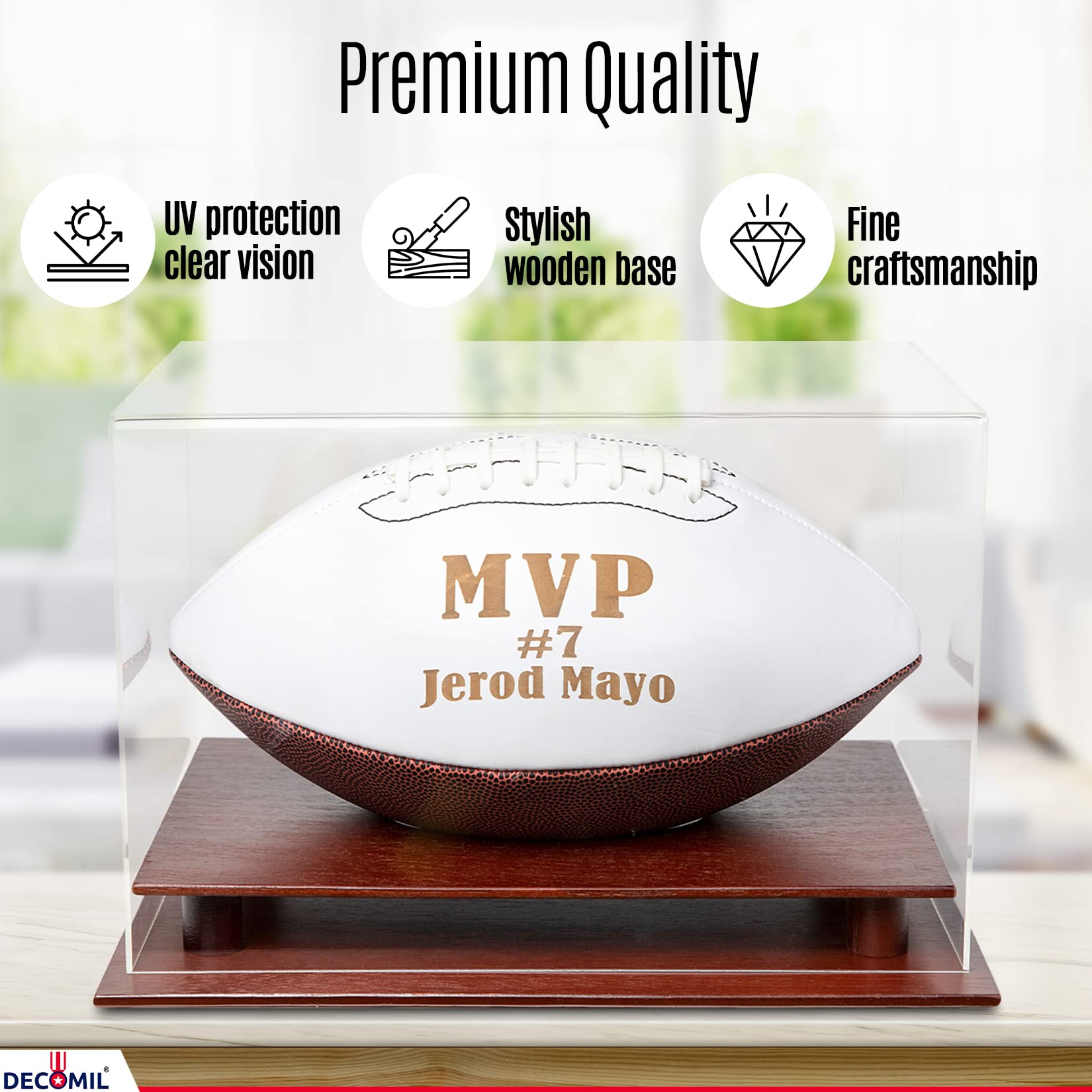 DECOMIL - Football Display Case Holder, Football Case, UV Protection No Assembly Panels, All 4 Sides Visible, Solid Wood Base - Cherry Finish