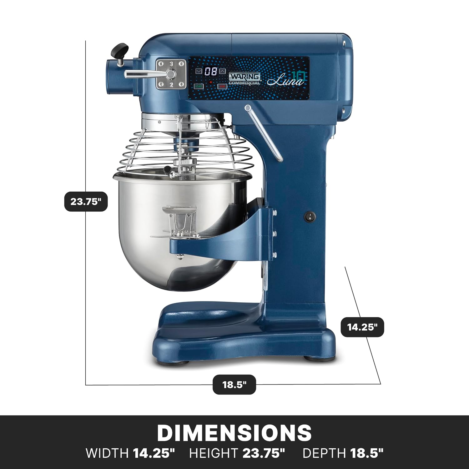 Waring Commercial Planetary Stand Mixer, 10 Qt. Stainless Steel Bowl, 3 Speeds, Digital Timer, 3/4 HP Motor, Includes Dough Hook, Chef s Whisk, Mixing Paddle, Ideal for Baking and Food Prep WSM10LT