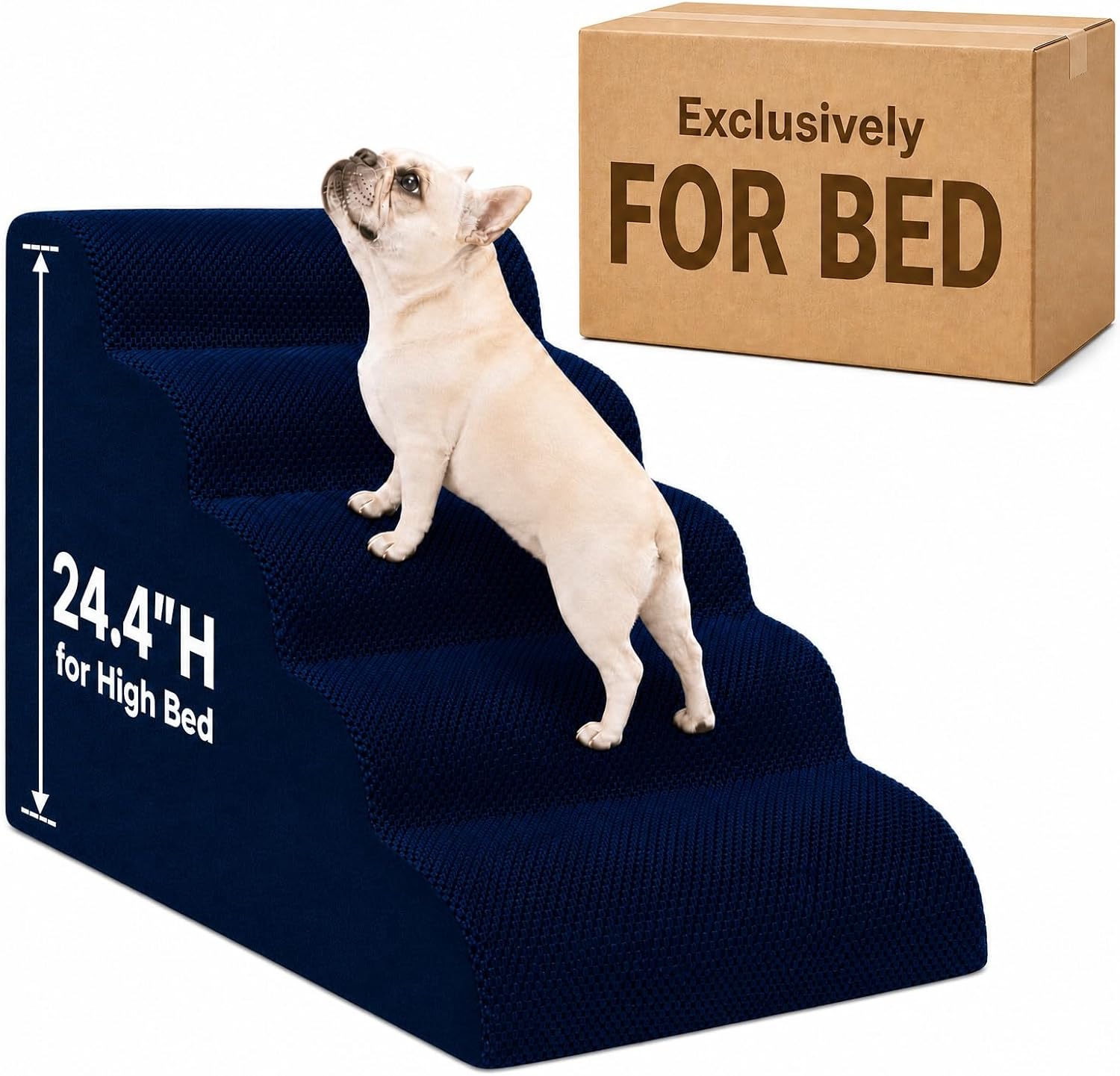 Dog Ramp for Bed,Pet Ramp for High Bed,Dog Stairs for Small & Medium Dogs,Curved Non-Slip Ladder for Older Dogs & Cats,24.4″ H,5-Step（Blue）