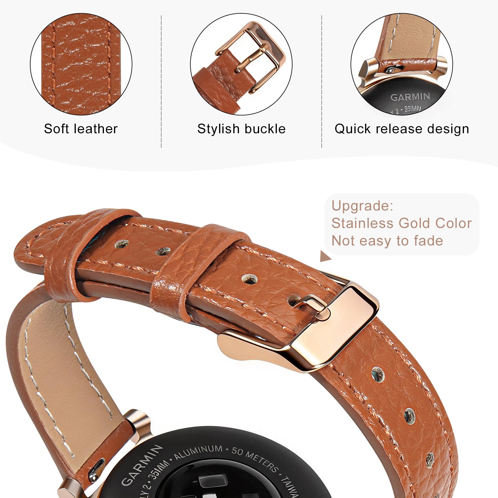 14mm Slim Leather Band Compatible with Garmin Garmin Lily 2/Lily 2 Classic/Active, Quick Release Thin Narrow Soft Strap for Women Men - 4