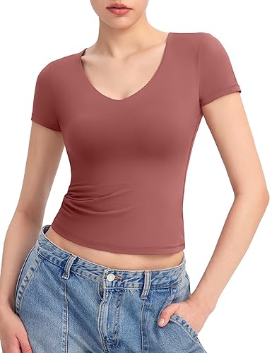 PUMIEY Women's V Neck Short Sleeve T Shirts Slim Fit