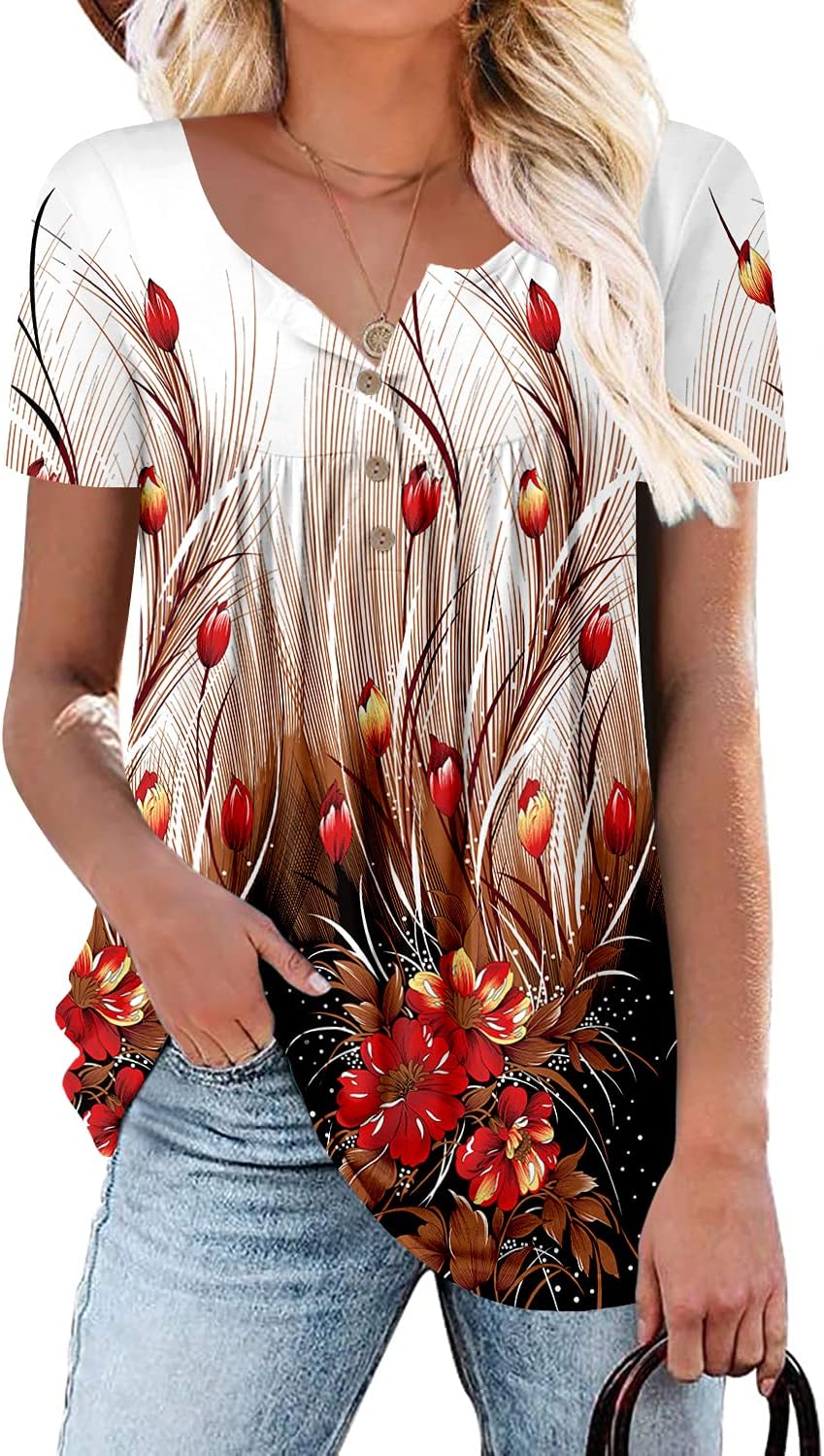 Mystry Zone Womens Henley V Neck Casual Blouse Button Down T Shirts Flare and Flowy Tops - Image 2