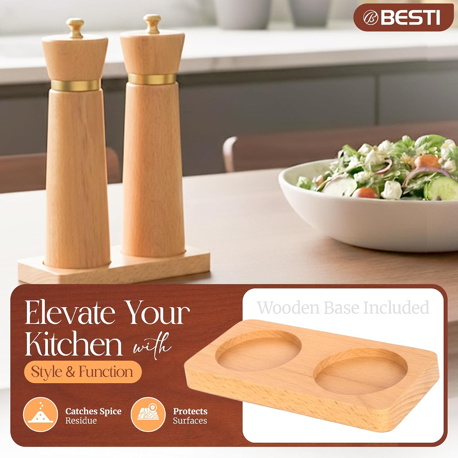 Besti Wooden Salt and Pepper Grinder Set with Tray - Striped Acacia Refillable Grinders for Salt, Pepper, Seasonings, Reusable Pepper & Salt Mill - Kitchen & Dining Table (7" Beech)