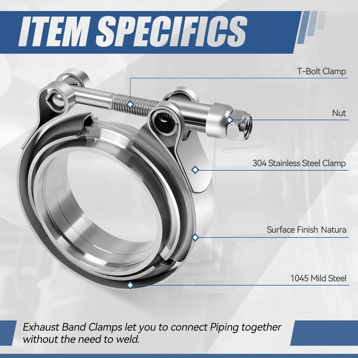 Auto Dynasty 2.5" V Band Clamp with Male/Female Flanges 304 Stainless Steel for Turbo and Exhaust Systems, Natural Metallic, Pack of 2