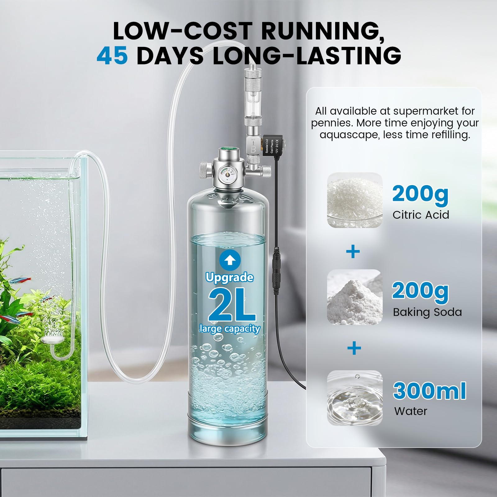 BAOSHISHAN Sistema de CO2 de acuario de 2 litros, generador de CO2 roscado externo mejorado antifugas, válvula solenoide de doble interruptor, kit de CO2 para plantas de acuario