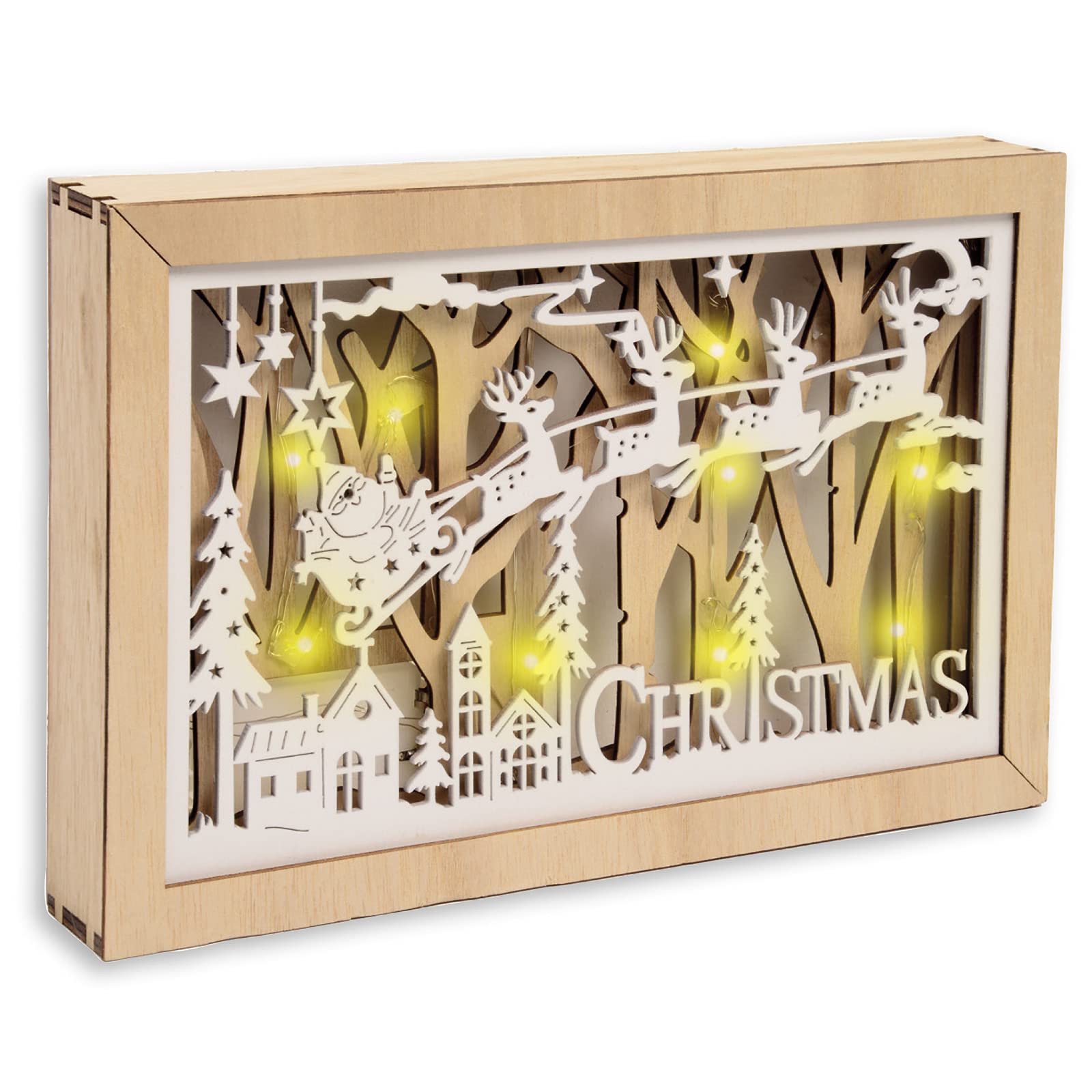 Giftmaker Pre-Lit LED Light Wooden Christmas Scene Santa Sleigh Village Xmas Decoration