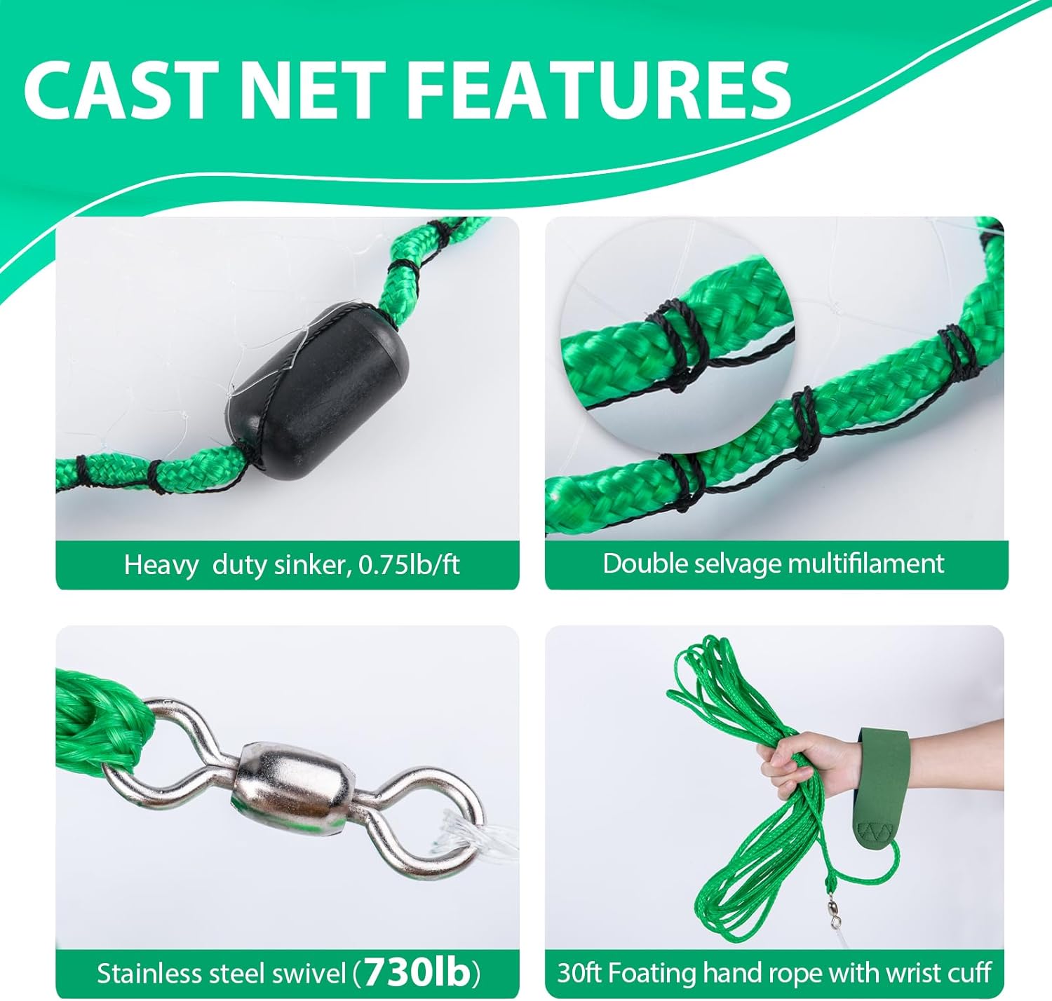 Goture American Fishing Cast Net Saltwater Freshwater, 3/8inch 1/4in Mesh Size Casting Net for Bait Fish Shrimp Trap, Black Sinkers, 3ft/4ft/5ft/6ft/8ft/10ft Radius Throw Cast Net with Needle