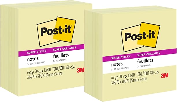 Post-it Super Sticky Notes, 12 Sticky Note Pads, 3 x 3 in., School Supplies, Office Products, Sticky Notes for Vertical Surfaces, Monitors, Walls and Windows, Canary Yellow, 840 Total