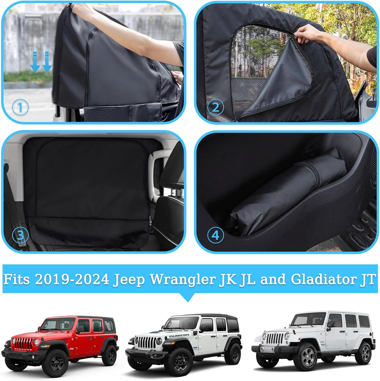 XCBYT Car Window Shades - 2019-2024 Jeep Wrangler JK JL and Gladiator JT Privacy Curtains, Dual Purpose Window Covers, Side Window Sun Shade for Breastfeeding, Napping, Dressing, Camping