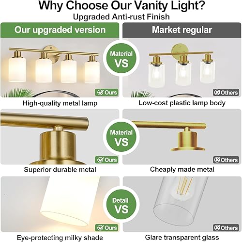 Miniatura 58 de Lámpara de baño de 3 luces doradas, moderna lámpara de tocador de baño con pantalla de vidrio transparente, luces de montaje en pared de baño de oro