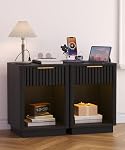 Akxomel Tables de chevet fluted 2, Stand de nuit en bois avec station de recharge et LED Table de fin de siècle moderne avec tiroir, 40 x 38 x 57.5 cm, pour Chambre, Noir