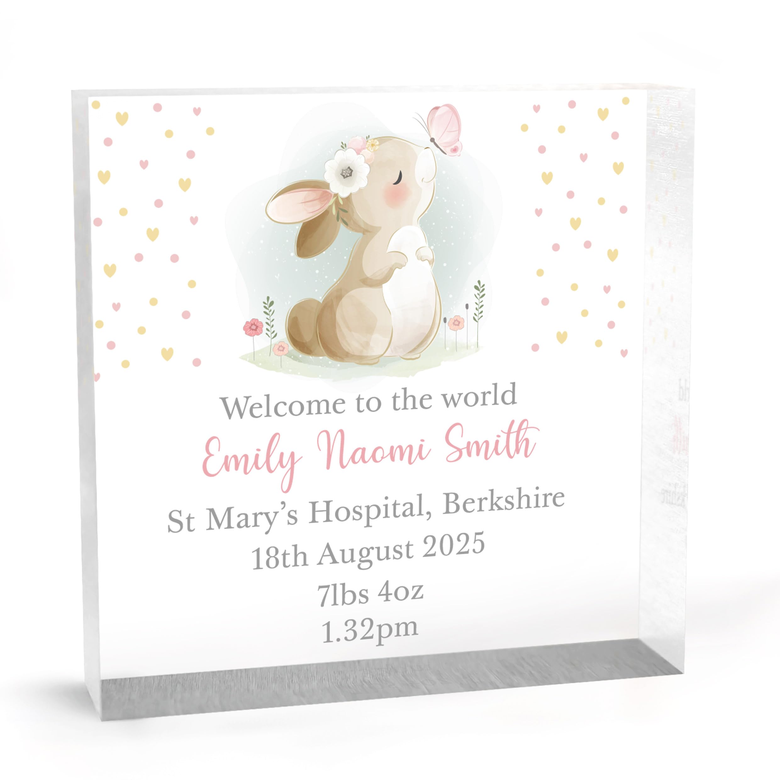 Beecreative New Baby Girl Personalised Gifts, Welcome To The World, Birth Details Ornament, Rabbit Nursery, With Grey Bag