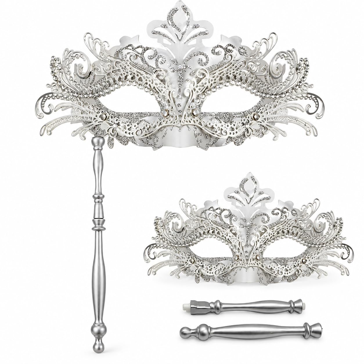 Netupett Masquerade Mask for Women with Stick Metal Shiny Rhinestone Venetian Mask Prom Mardi Gras Ball &Halloween Party（white）