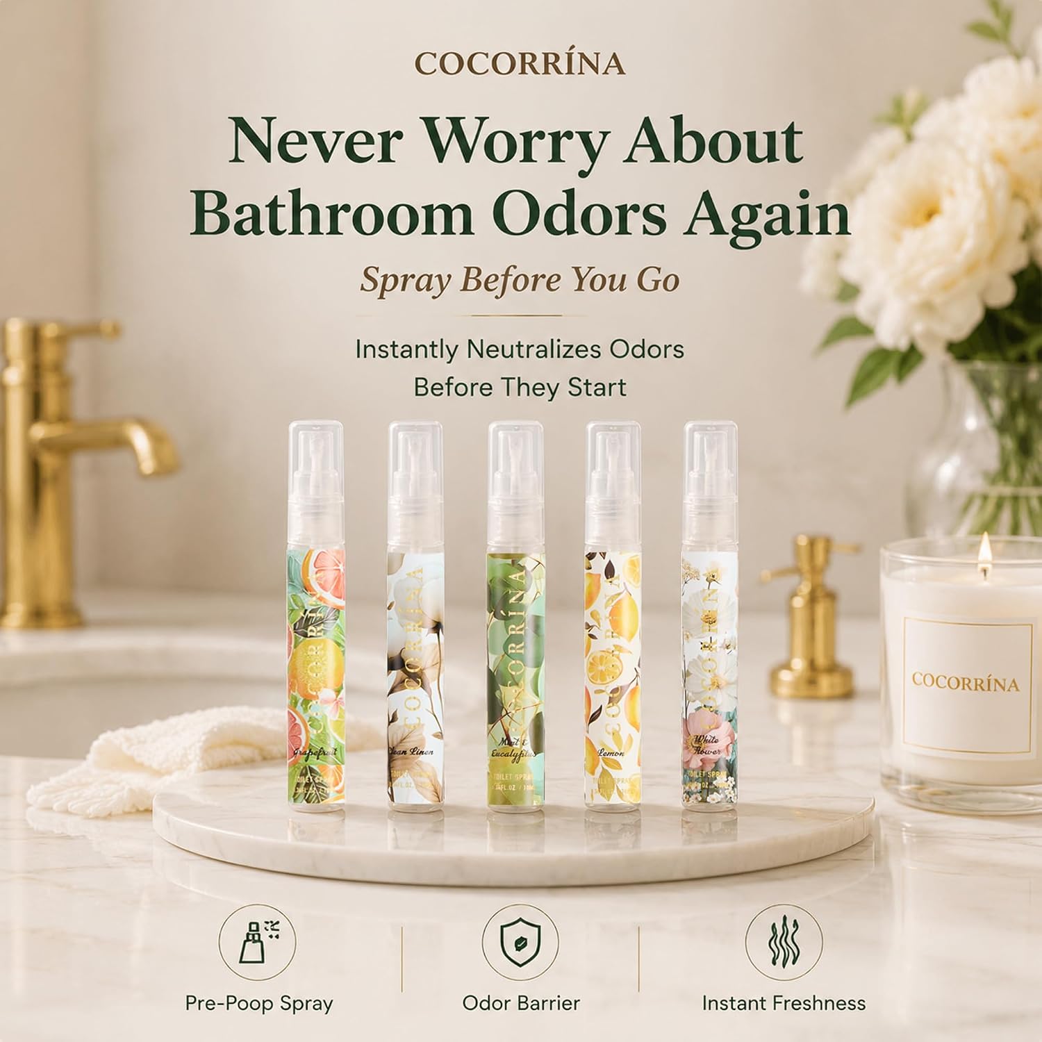 Travel Size Toilet Spray 5-Pack, Pocket Pre-Poo Spray 5 Scents, Travel Essentials for Women & Men, Bathroom Odor Deodorizer