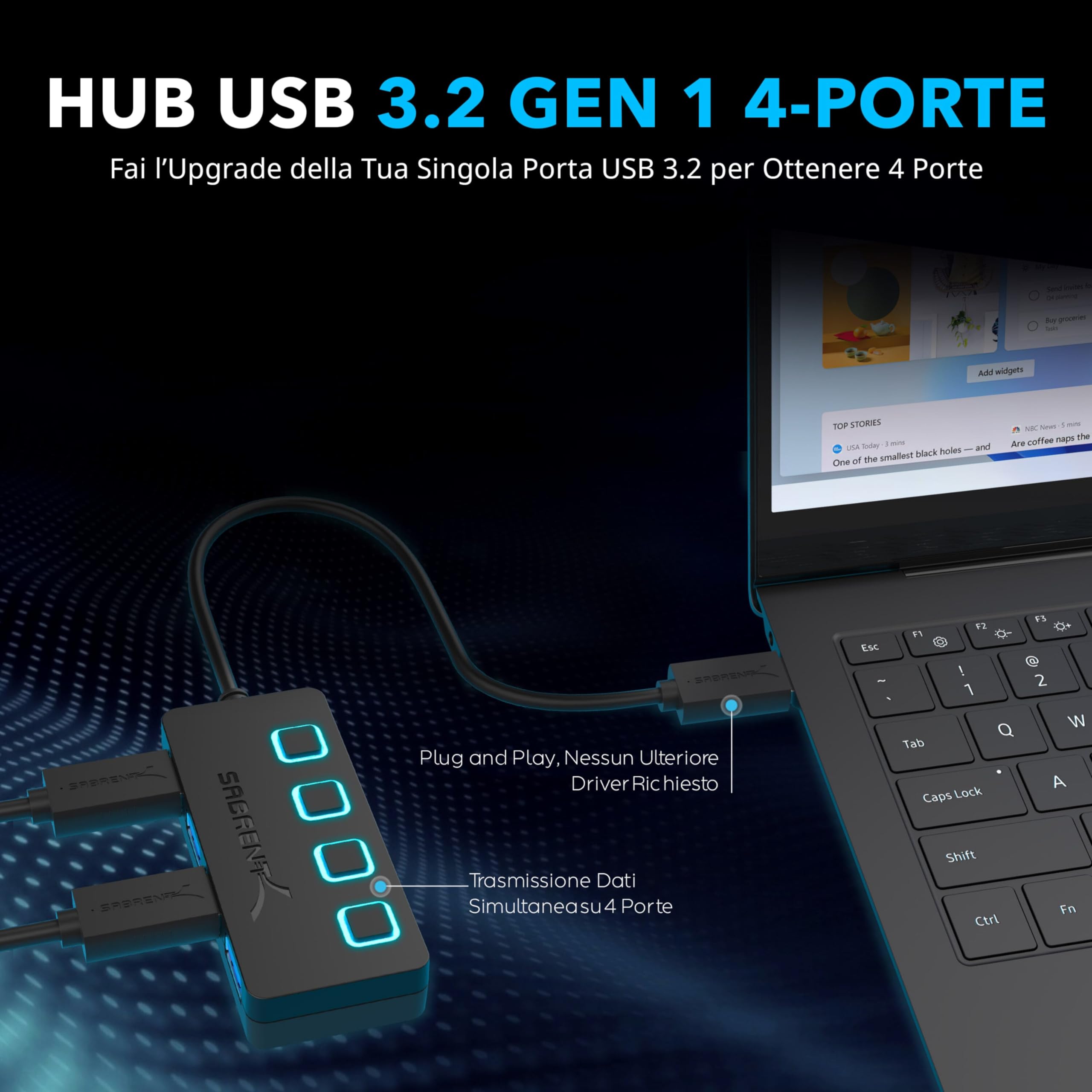 SABRENT Hub USB 3.2 Gen 1, Ciabatta multipresa USB, Sdoppiatore USB, 4 Porte con Singoli Interruttori ON/OFF e Spie LED, per PS4/PS5, PC da gioco, laptop, chiavetta USB, stampante, MacBook (HB-UM43)