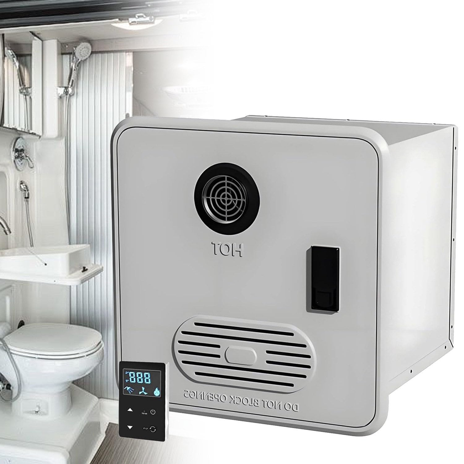 Camper Hot Water Heater, Electric RV Tankless Water Heater, with 15 X 15 Inches Door and Remote Controller, Best High Altitude Performance, DC 12V, for Rvers' Everyday Use NoShowerHead-White