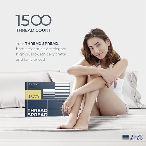 Miniatura 31 de THREAD SPREAD Sábanas 100% de algodón egipcio, tamaño Queen, 1500 hilos, 4 piezas, algodón egipcio, sábanas de lujo de tejido satinado, sábanas