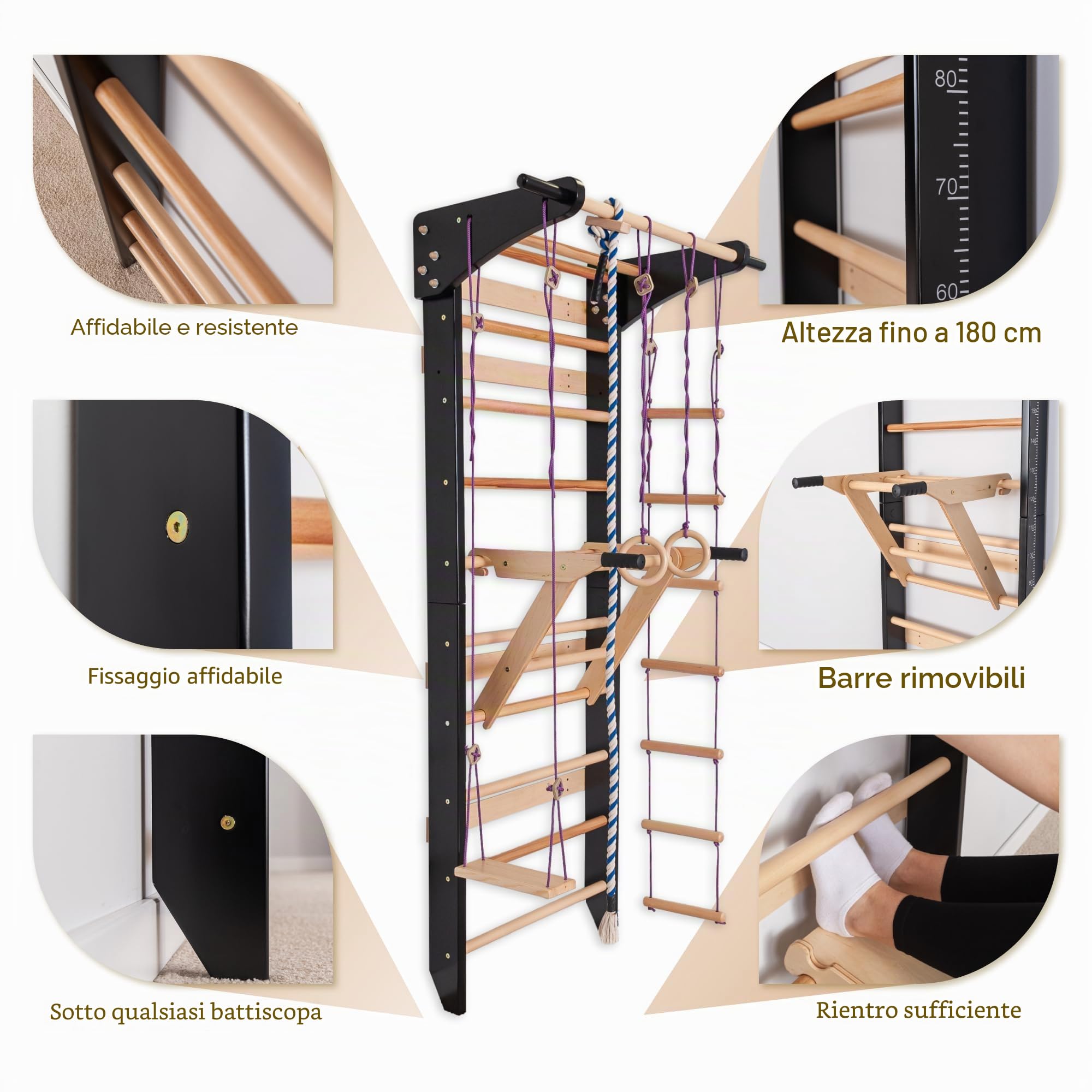 Scala svedese nera con barre parallele per bambini e adulti - Parete da arrampicata in legno, attrezzatura fitness multifunzione con tetto, anelli, scala, altalena e prese per dip strette