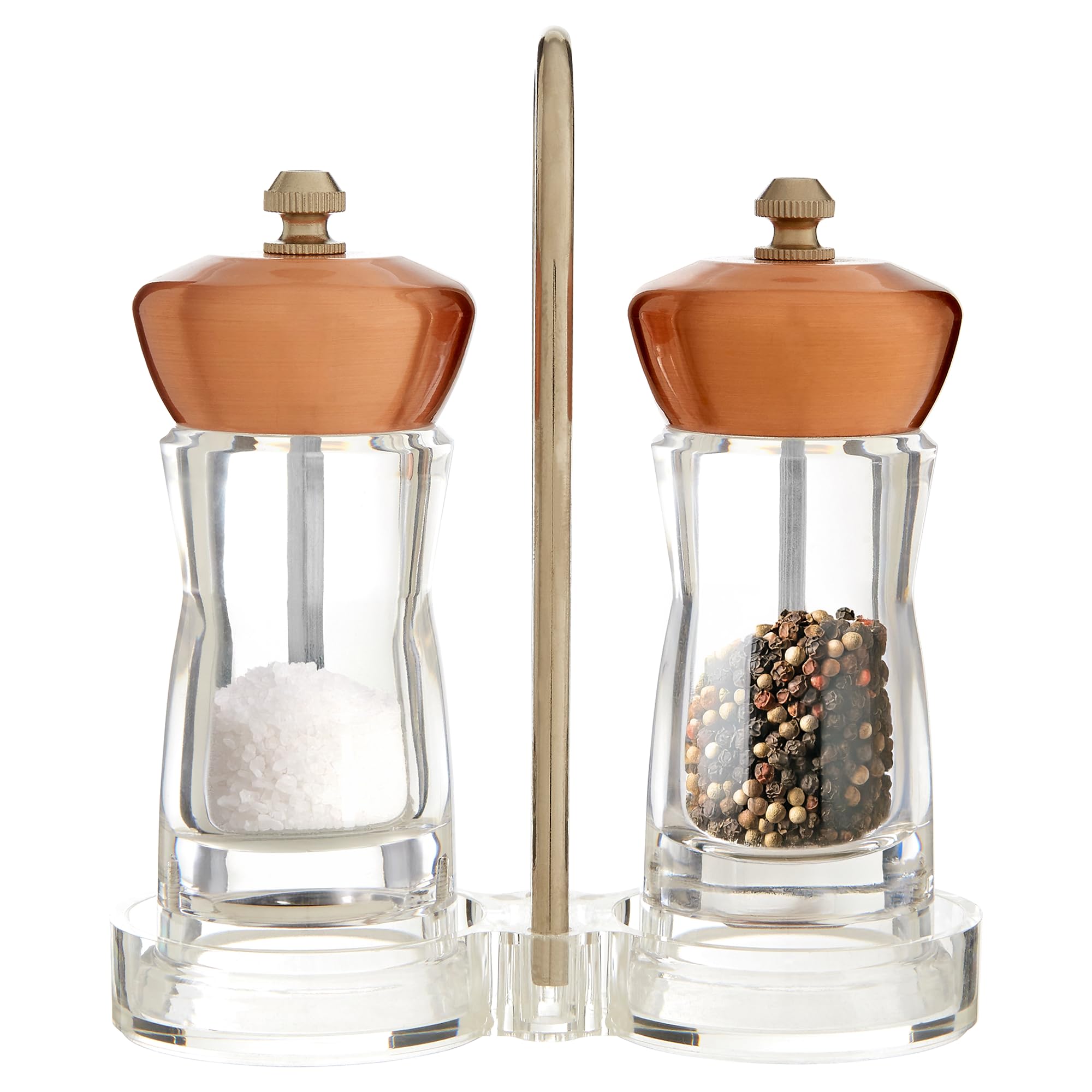 Premier Housewares Salt Pepper Mill Set with Stand - Copper - Clear Body - Metal Top
