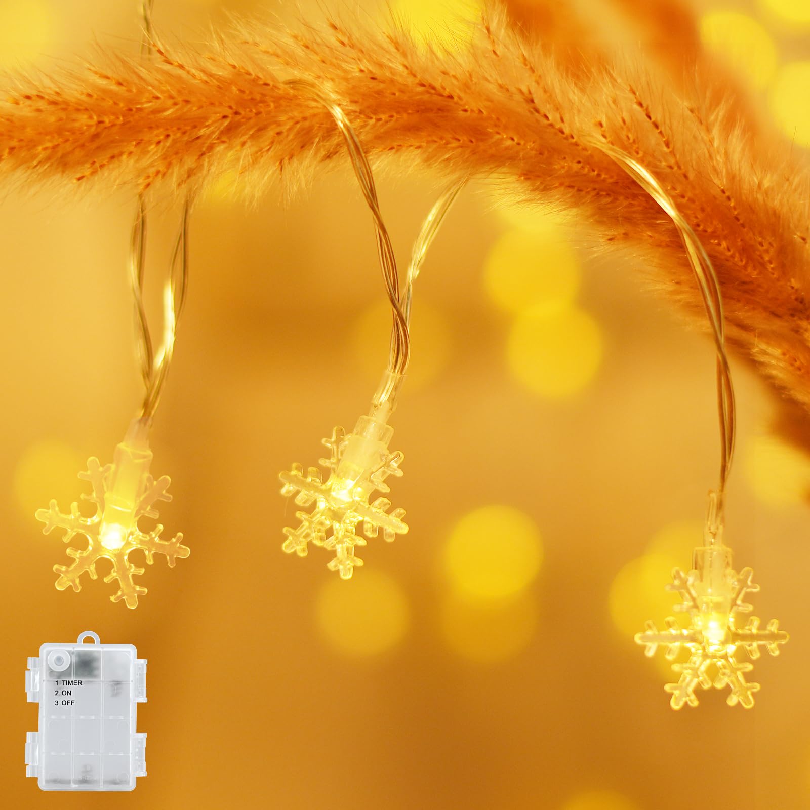 Guirlande lumineuse de Noël avec minuteur, flocon de neige, batterie pour extérieur et intérieur, étanche, pour décoration de Noël, 3 m, 20 LED, blanc chaud