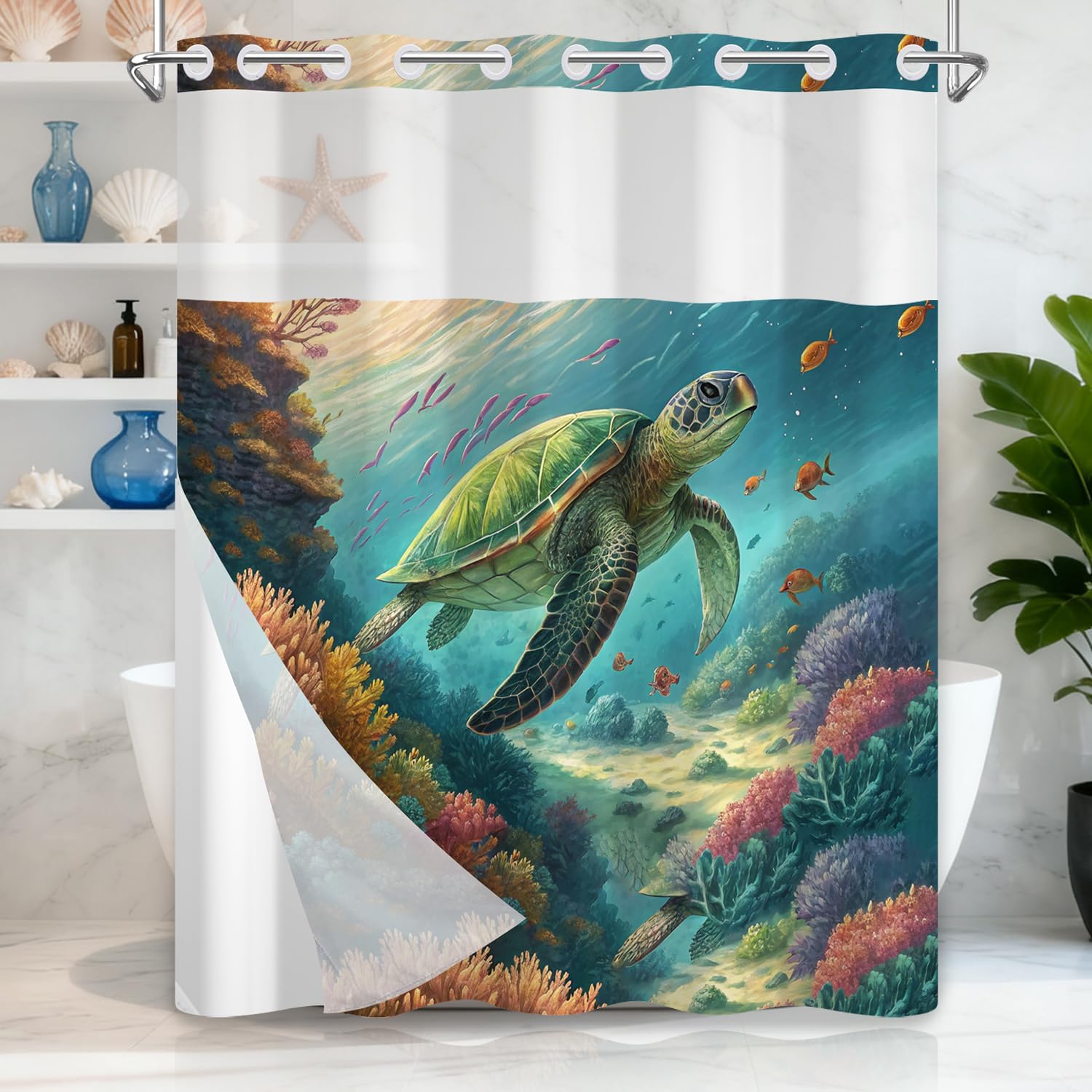 Sea Turtle Shower Curtain with Snap in Liner Set, Double Layers Waterproof Fabric Shower Curtain with Mesh Top Window, Blue Ocean Tropical Fish Marine Life Bathroom Curtains, Weighted Hem, 71x74 Inch