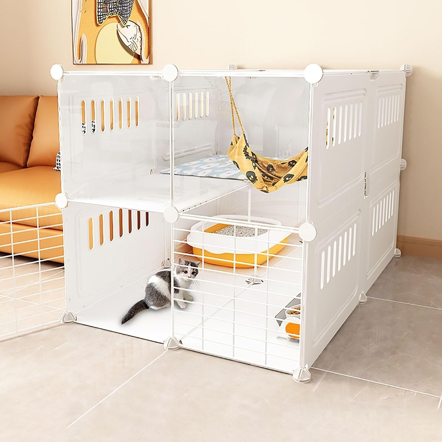 Indoor Cat Cage Playpen with Partition, Metal DIY Detachable Cat Fence for 1-3 Cats & Small Pets 105x45x105cm(70x90x70cm)
