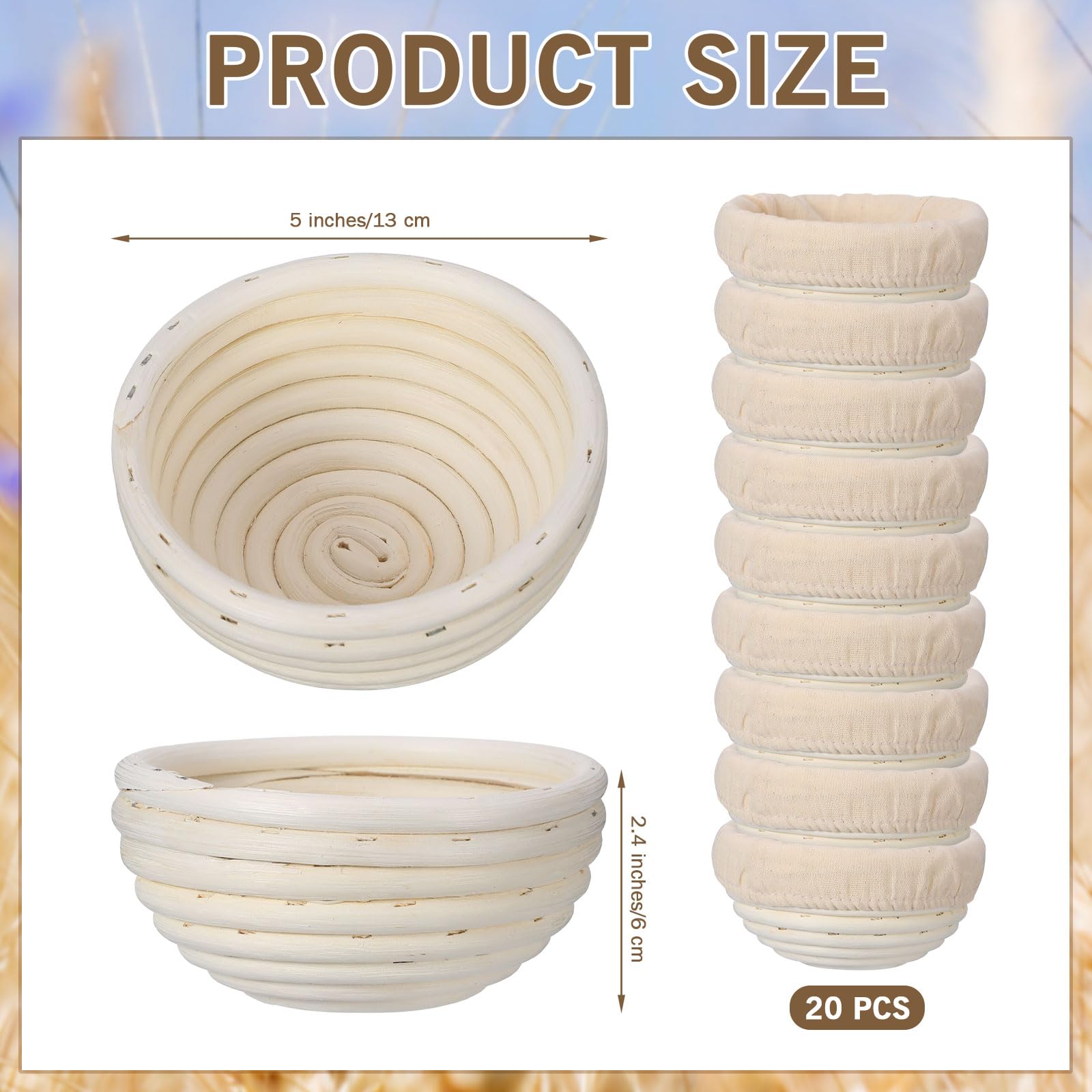 FoldTier 20 Stück Brotgärkörbe, 12,7 cm, rund, Teig, Sauerteigkorb-Set, Rattan, Bäckerei, Brotbackschale mit Leineneinsatz, Brotbackzubehör für Backstarter, Profis und Hobbybäcker