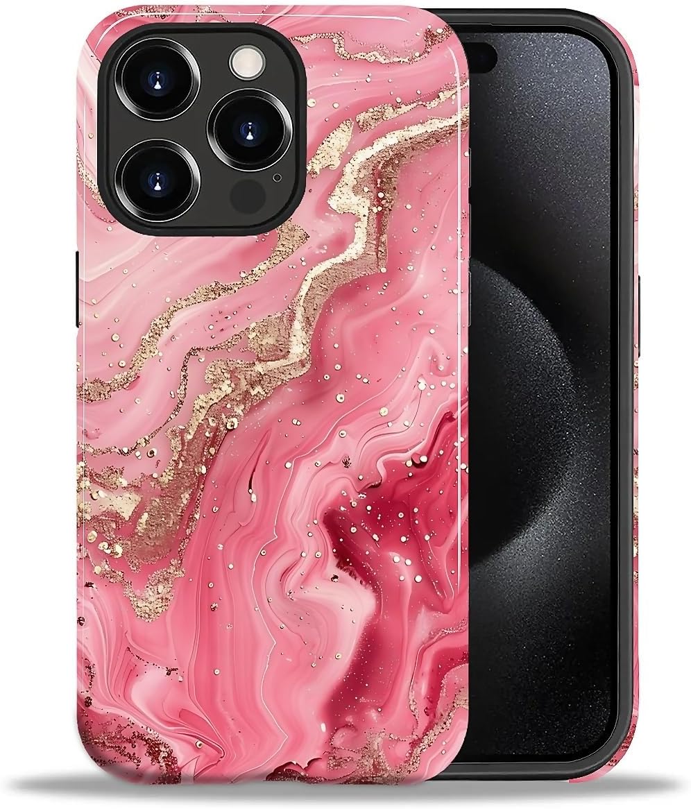 Hensuske Pink Marble Compatible with iPhone 15 Pro Max Case, Case with Shockproof Anti-Scratch 2-in-1 Soft TPU and Hard PC Protective Case for Women Men - 6.7 inch