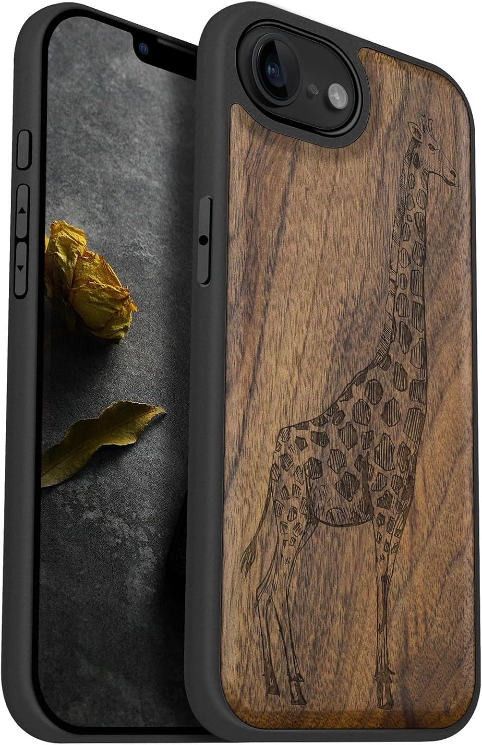 Carveit Magnetic Wooden Case for iPhone 16e / 17e, Solid Wood & Black TPU, Artisan Engraved Design, Shockproof Cover, Compatible with MagSafe Wireless Chargers, Hand-Drawn Giraffe - Walnut