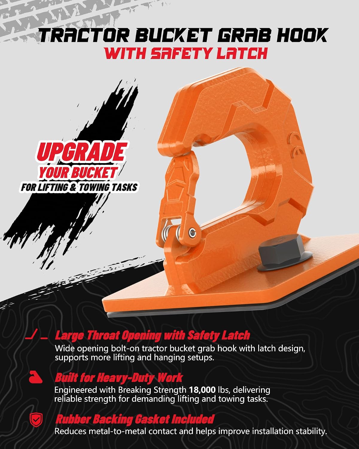 3/8" Tractor Bucket Grab Hooks with Safety Latch, Bolt-On Hooks with Backing Plate and Rubber Gasket, Heavy Duty Grade 80 Forged Steel, 18,000 Lbs Breaking Capacity (2 Pack, Orange)