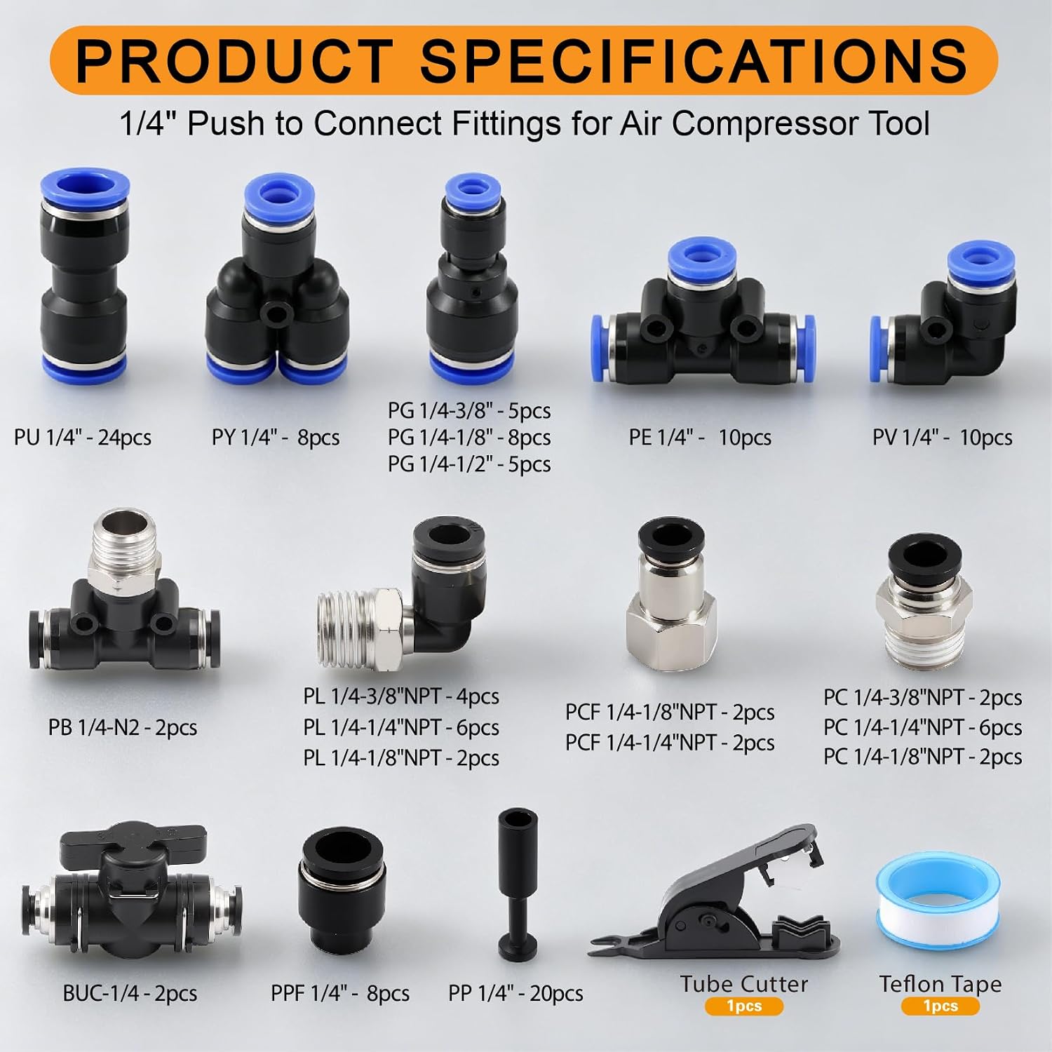 130PCS 1/4" Quick Connect Air Hose Fittings,1/4" Push to Connect Fittings for Air Compressor Tool,Air brake systems,Pneumatic automation,Transportation