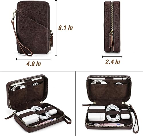Miniatura 5 de CataPurus Kit técnico de estuche organizador electrónico, cuero de grano superior hecho a mano, portátil compacto de viaje, accesorios electrónicos