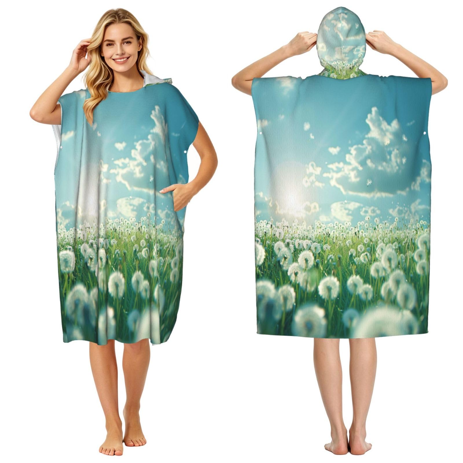 KLGRTJHK Dandelion Sea Adult Hooded Beach Poncho Towel 43"X35"