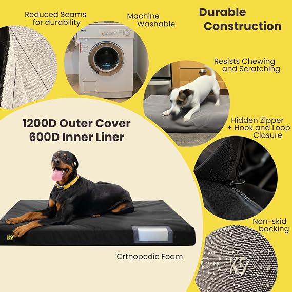 K9 Ballistics Tough Rip-Stop Orthopedic Rectangle Dog Bed Removable Washable Cover, Solid Orthopedic Foam for Size S Dogs 24x18, Obsidian Black