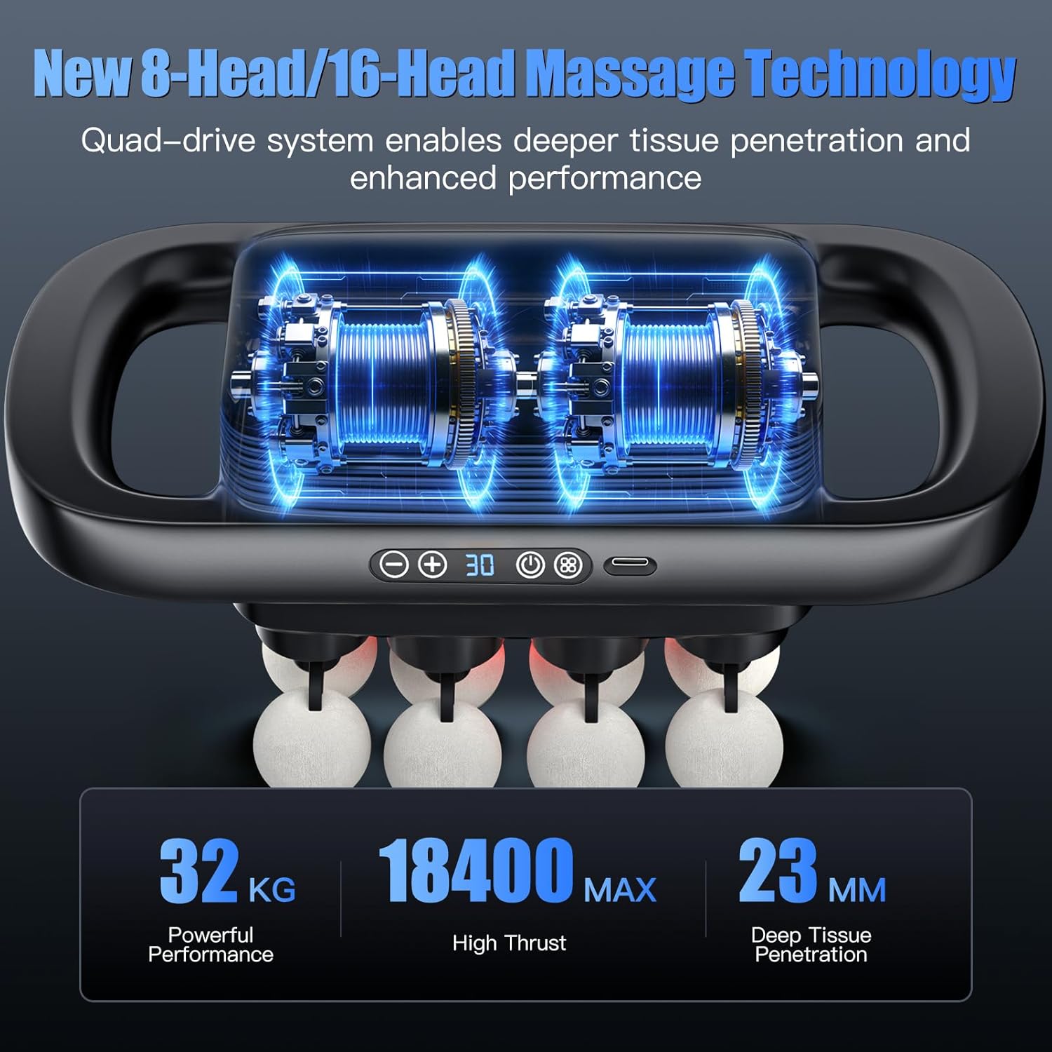 16 Heads Massage Gun Set, Body Massage for Back, Shoulders, Neck, Legs, Foot, Massage Gun deep Tissue Pain Relief, 2000mAh Electric Massage Tools with 3 Modes & 30 Levels - Image 2