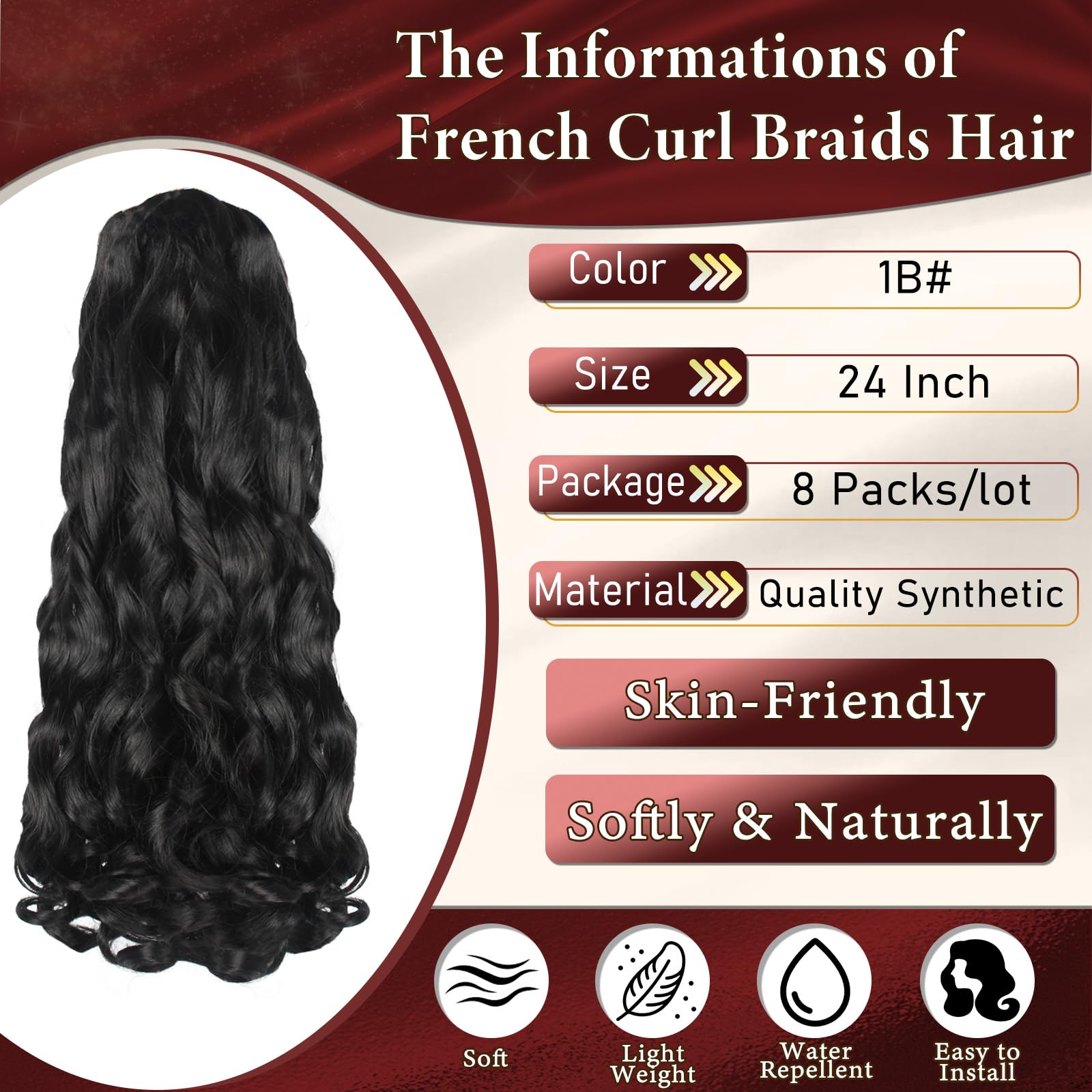 French Curl Braiding Hair 8 Packs 24 Inch Pre Stretched French Curl Braids Loose Wavy Spanish Curly Hair Ends Synthetic Crochet Braids Hair Extensions for Women (8 Packs, 24 Inch, 1B#)